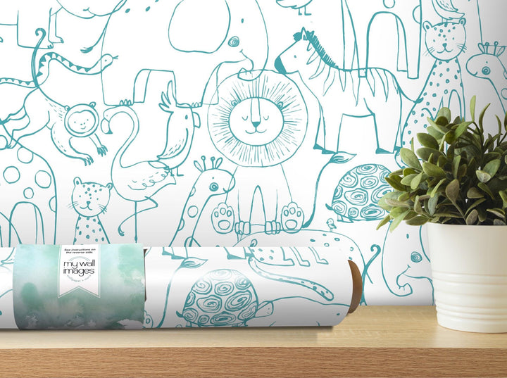 a plant is sitting on a shelf next to a wallpaper