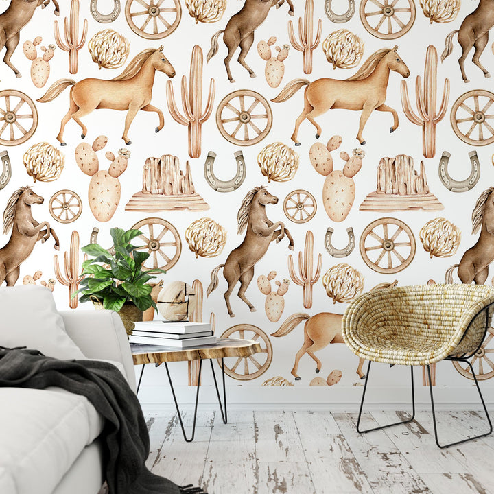 a living room with a couch, chair and wallpaper