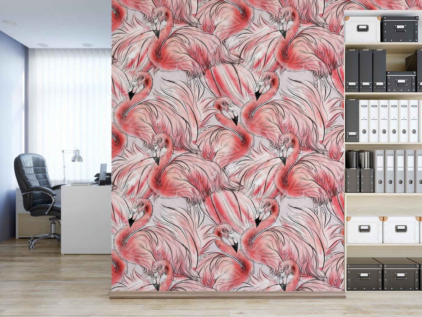 a pink flamingo wallpaper in an office