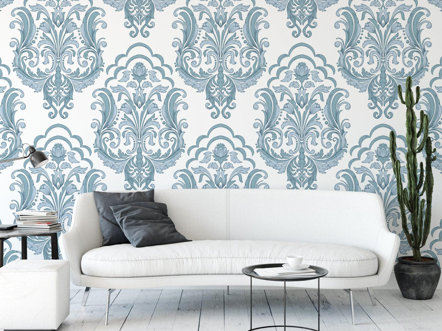 Soft Blue on White Damask Removable Wallpaper, Wall Art, Peel and Stick Wallpaper, Room Decor, Vintage Wallpaper, Accent Wall, MW1550