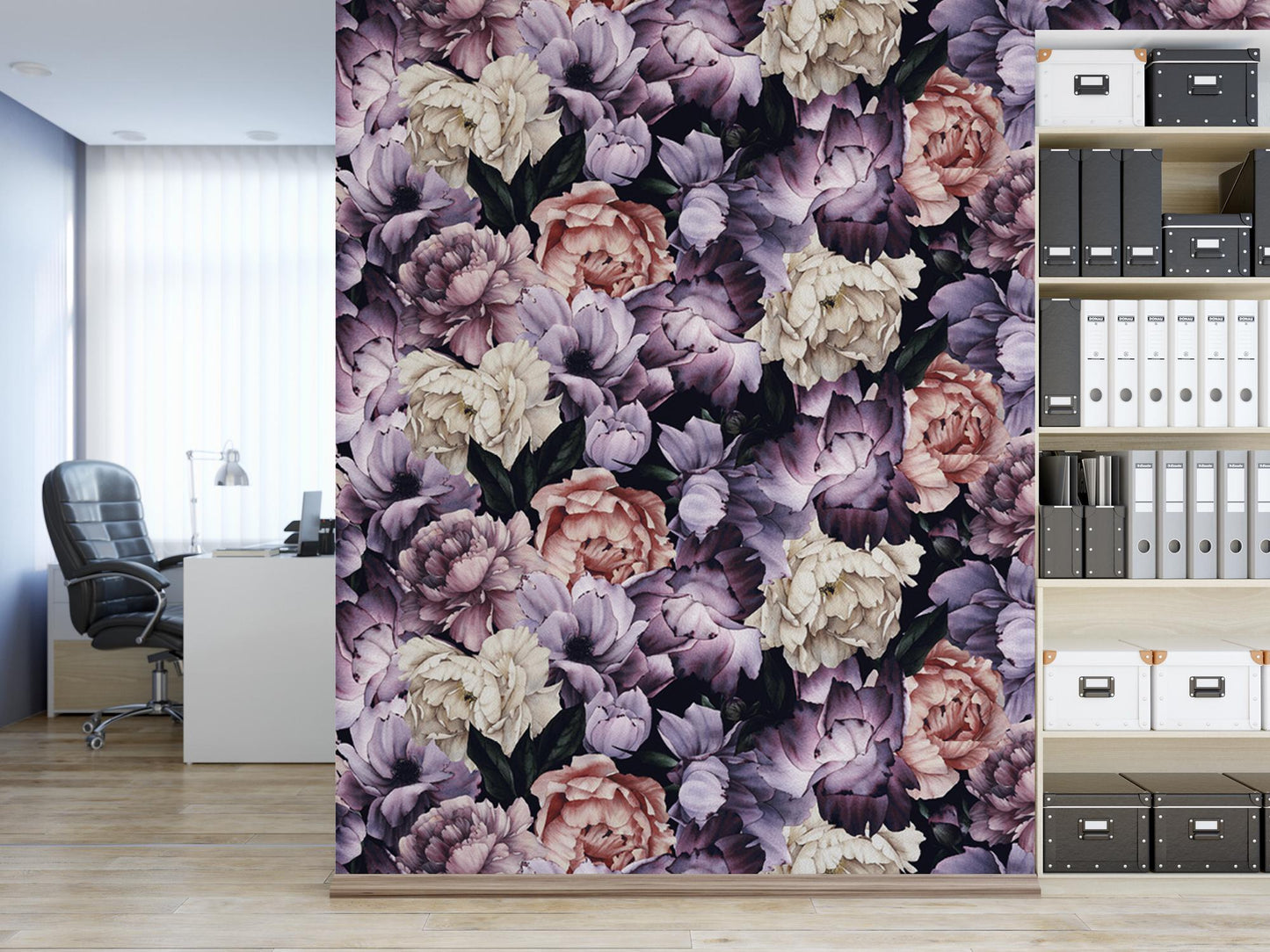 a room with a book shelf and a flowered wallpaper
