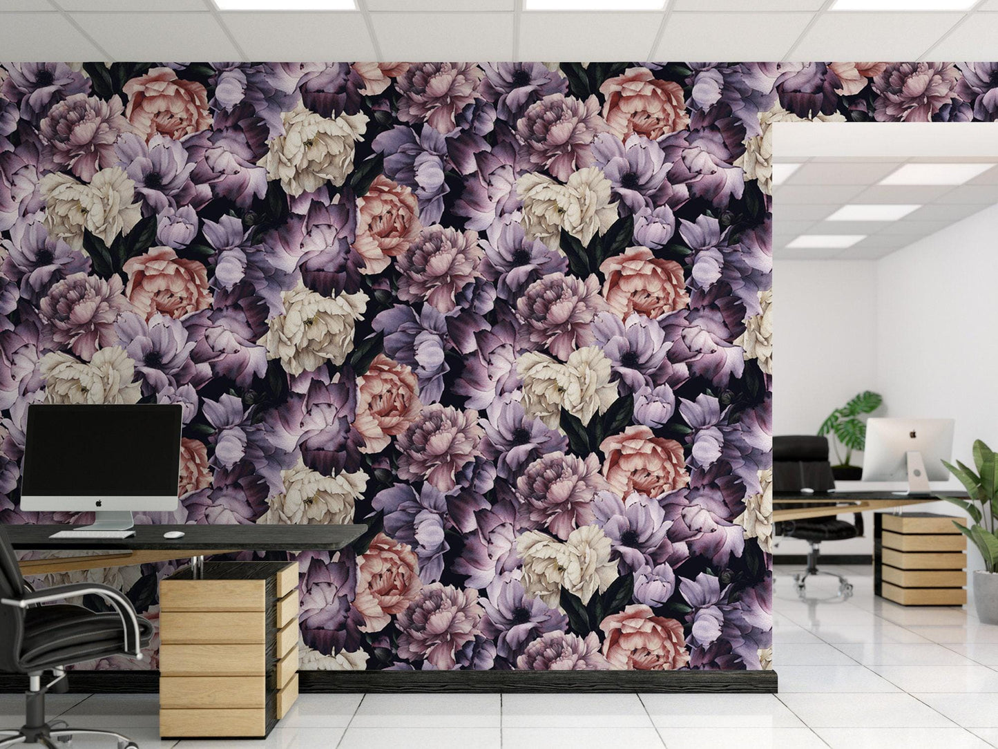 Bold Ivory Purple Floral Wallpaper - Peel and Stick Wallpaper - Home Decor - Wall Mural - Wall Floral Art - Removable Wallpaper - MW1315