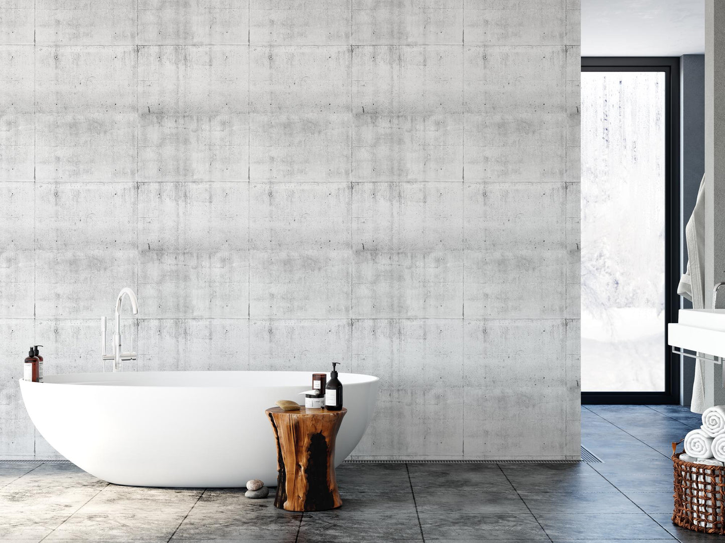 a white bath tub sitting next to a wooden stool