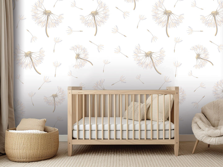a nursery room with a wooden crib, a woven basket, and a plush chair. The walls are decorated with a repeating pattern of dandelion-like flowers in shades of white and beige.