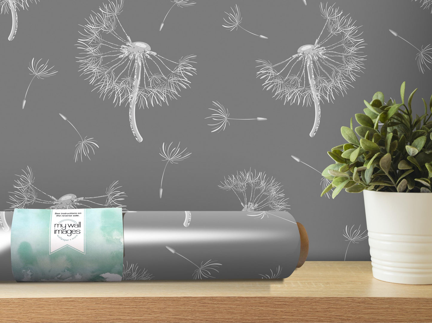 a gray wall with a repeating pattern of dandelion-like designs in white and gray, along with a potted plant and a roll of wallpaper on a wooden shelf.