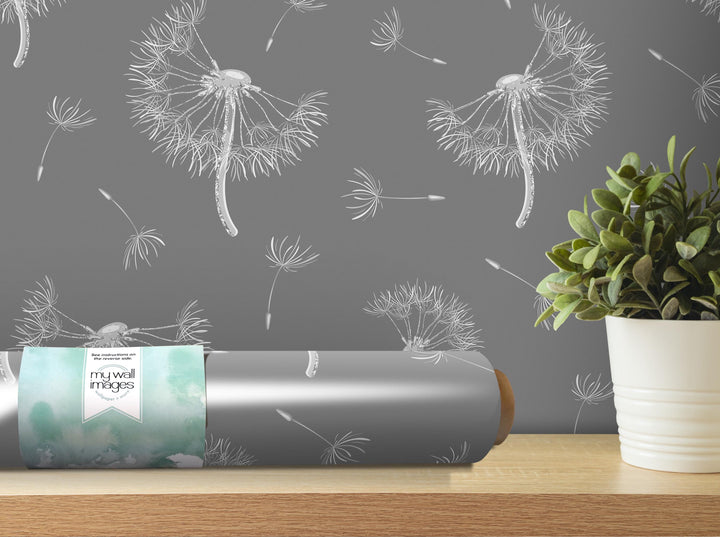 a gray wall with a repeating pattern of dandelion-like designs in white and gray, along with a potted plant and a roll of wallpaper on a wooden shelf.