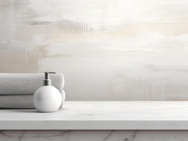 A white soap dispenser sits on a white marble countertop, with a rolled-up gray towel nearby.
