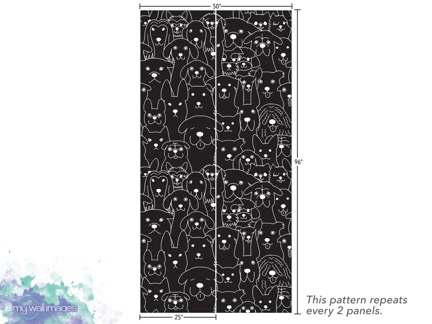 The image is a repeating pattern of black and white dog silhouettes, with each panel repeating the pattern.
