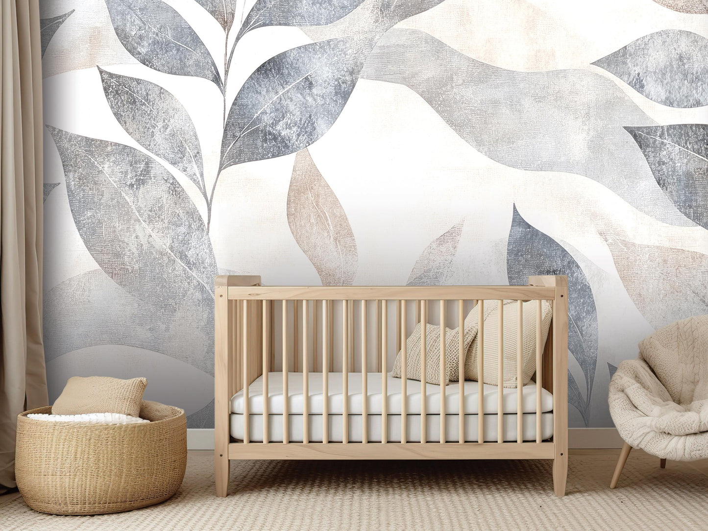 a modern nursery with a wooden crib, a woven basket, and a plush chair. The crib is positioned against a wall with a large leaf-like mural, creating a serene and calming atmosphere.