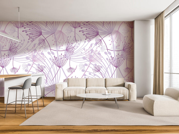 a modern living room with a large wall mural featuring a purple and white floral pattern. The room is furnished with a white sofa, a round coffee table, and a barstool. The overall design and color scheme create a cohesive and visually appealing space.