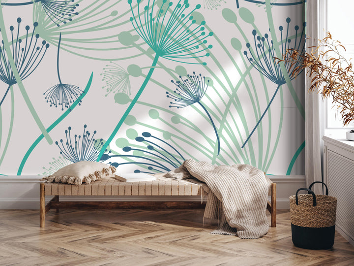 a modern and minimalist interior design with a large wall mural depicting abstract floral patterns in shades of blue and green. The room includes a wooden bench, a woven basket, and a potted plant, creating a cozy and stylish atmosphere.