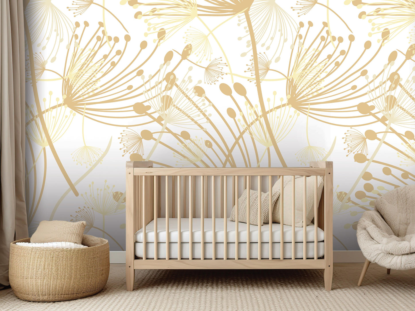 a nursery room with a wooden crib, a woven basket, and a plush chair. The room has a white and gold floral wallpaper with a repeating pattern of dandelions and flowers.