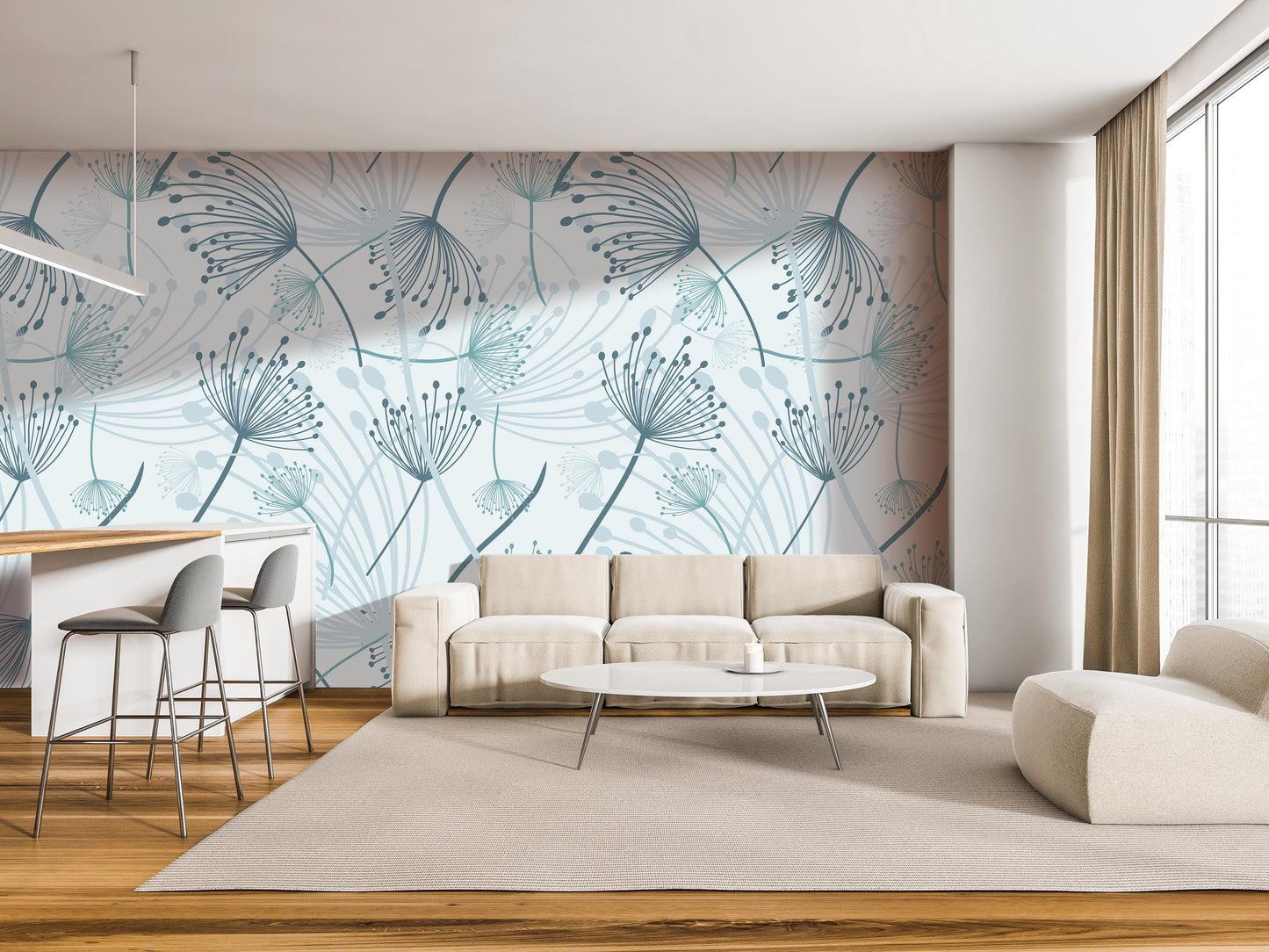a modern living room with a large wall mural featuring a floral pattern in shades of blue and green. The room is furnished with a white sofa, a round coffee table, and a barstool. The overall design and color scheme create a serene and inviting atmosphere.