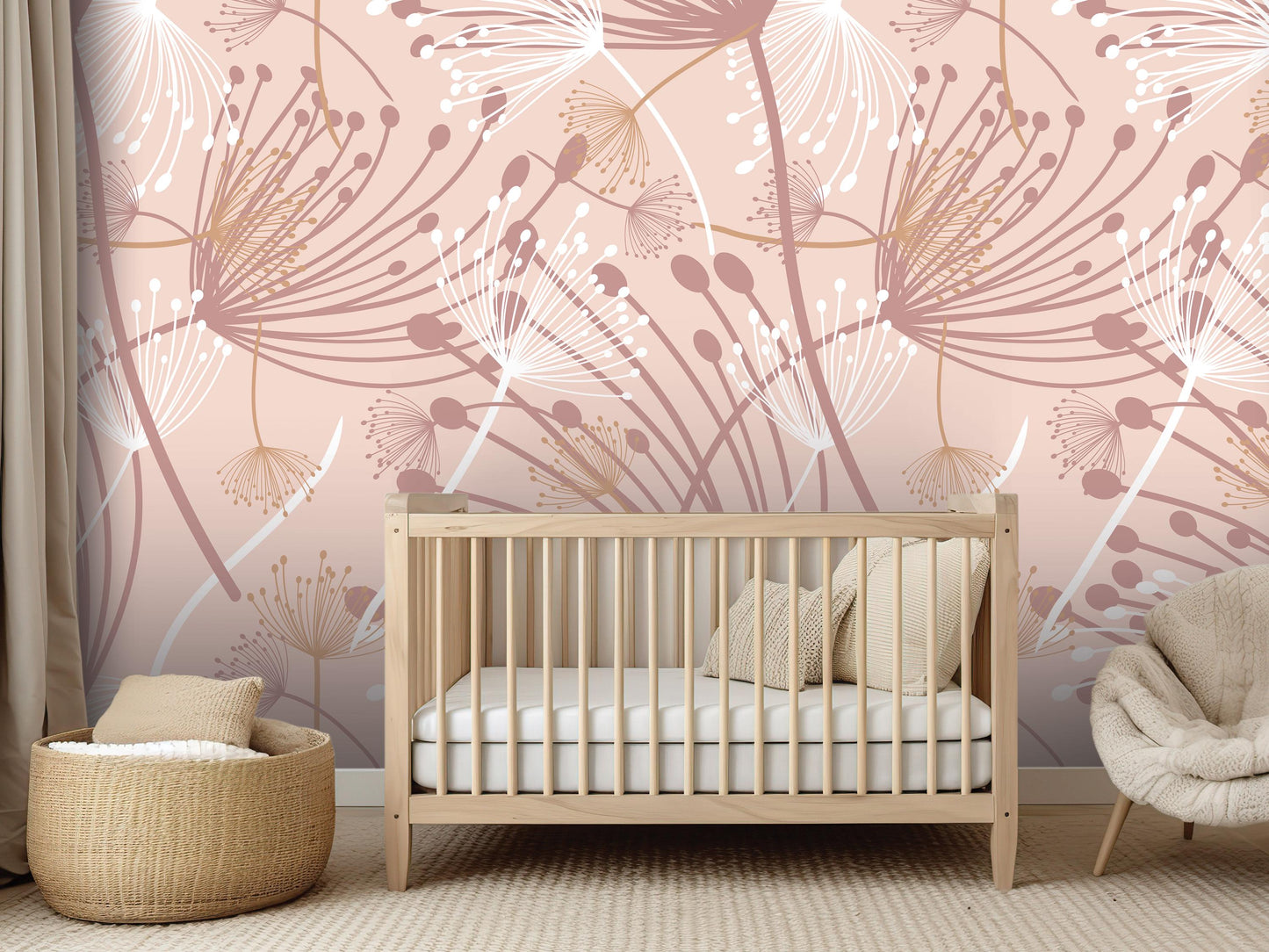 a nursery room with a wooden crib, a woven basket, and a plush chair. The walls are decorated with a pink and white floral pattern, creating a warm and inviting atmosphere.