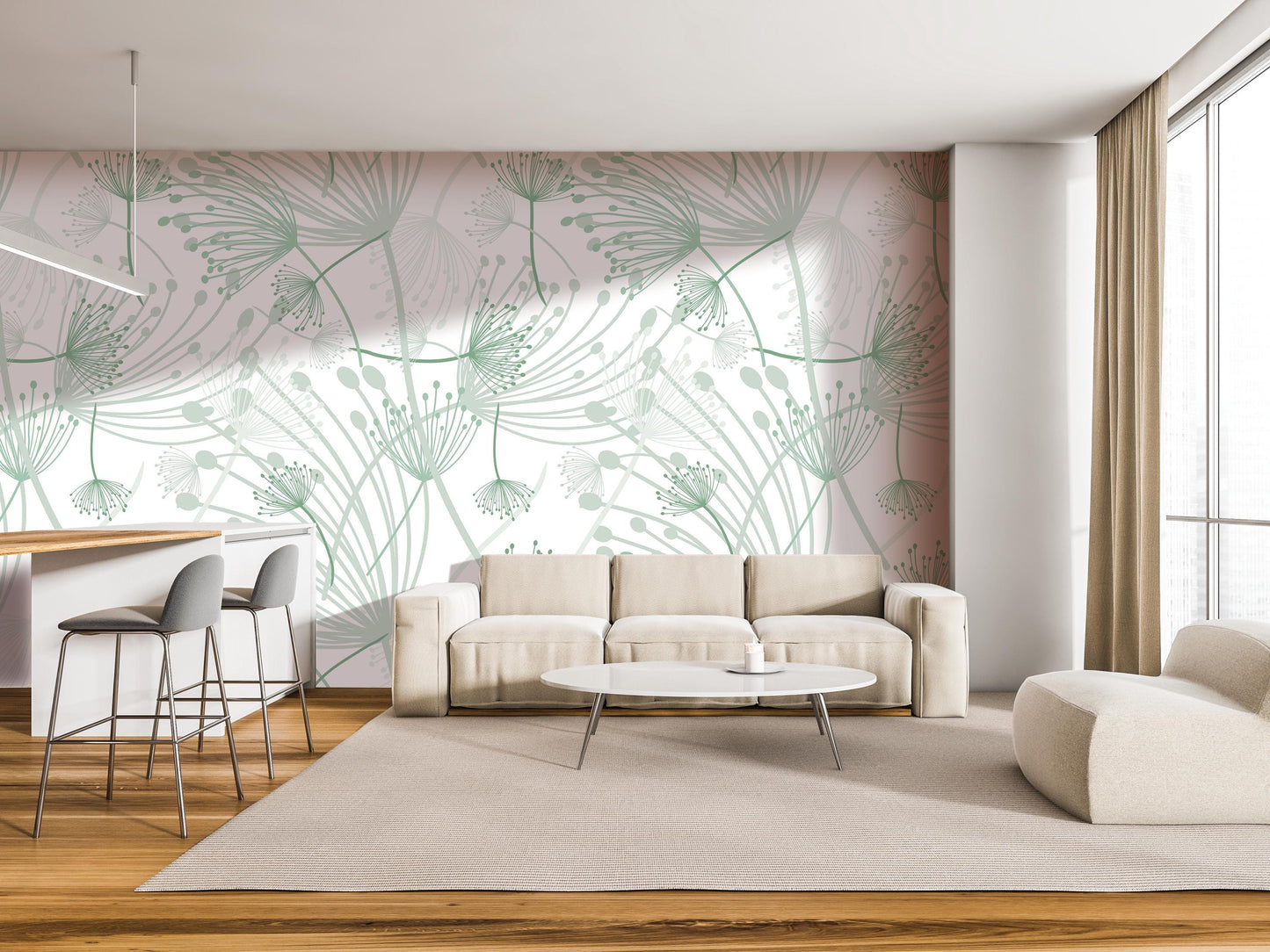 a modern living room with a large wall mural featuring a floral pattern in shades of pink and green. The room is furnished with a white sofa, a round coffee table, and a barstool. The overall design and color scheme create a serene and inviting atmosphere.