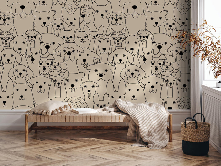 Playful Puppies Tan - Peel and Stick Wallpaper - Natural Wall Covering - Wall Mural - Removable Wallpaper - Wall Decor - Accent Wall, MW2315