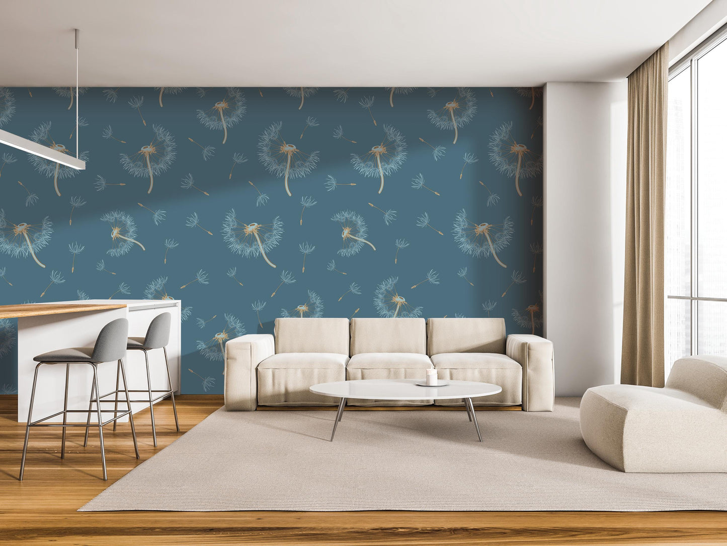 a modern living room with a blue wall featuring a repeating pattern of dandelions. The room is furnished with a white sofa, a round coffee table, and a bar with stools. The overall design and color scheme create a serene and inviting atmosphere.