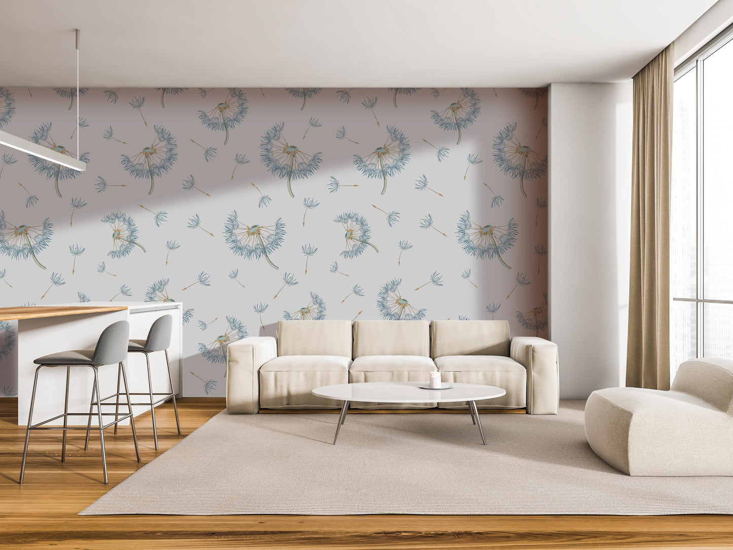 a modern living room with a white sofa, a round coffee table, and a wooden floor. The walls are adorned with a patterned wallpaper featuring blue and white dandelions.