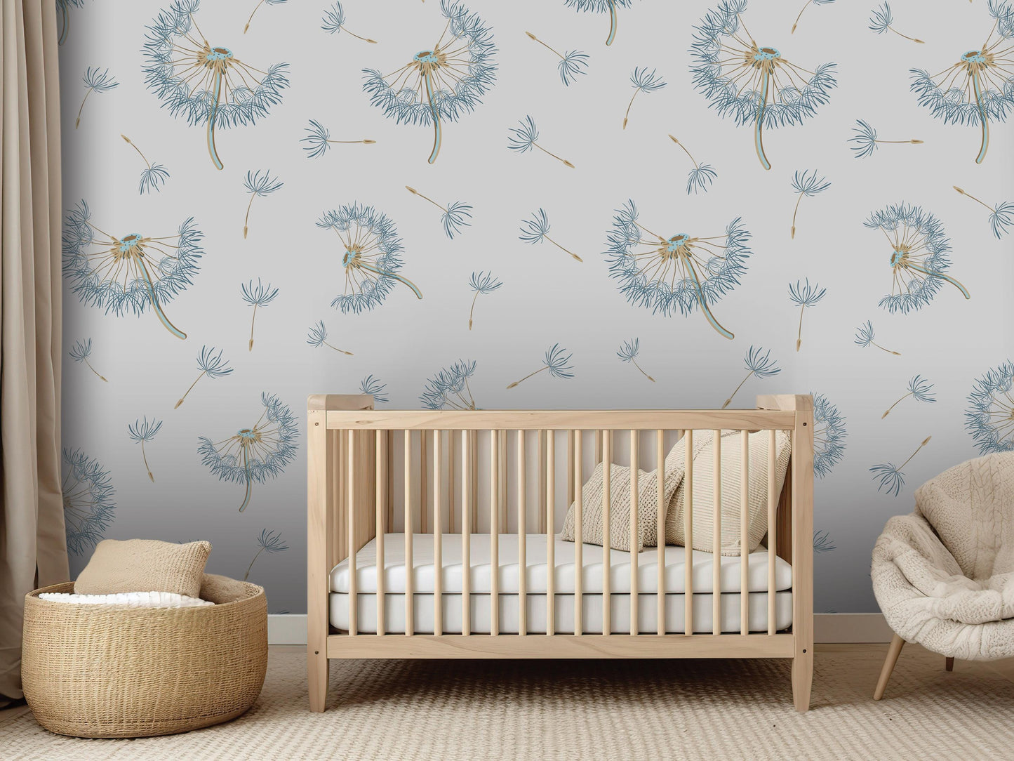 a nursery room with a wooden crib, a woven basket, and a beige chair. The walls are decorated with a repeating pattern of dandelion-like flowers in shades of blue and white.