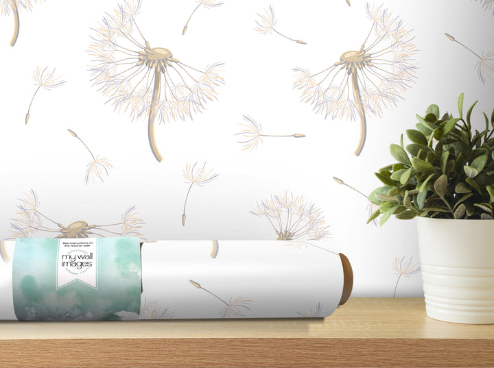 a wallpapered wall with a dandelion design, a potted plant, and a roll of wallpaper on a shelf.