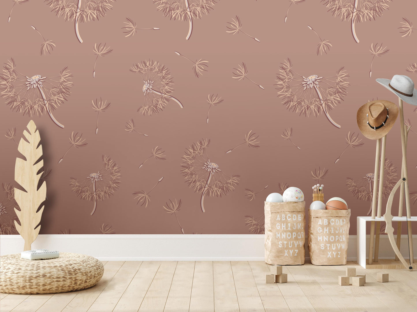 a room with a dandelion-themed wallpaper, a wooden floor, and various objects such as a hat rack, baskets, and a feather.