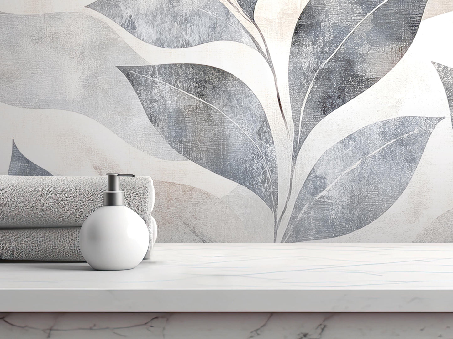 a white soap dispenser on a white countertop, with a gray and white abstract wall behind it.