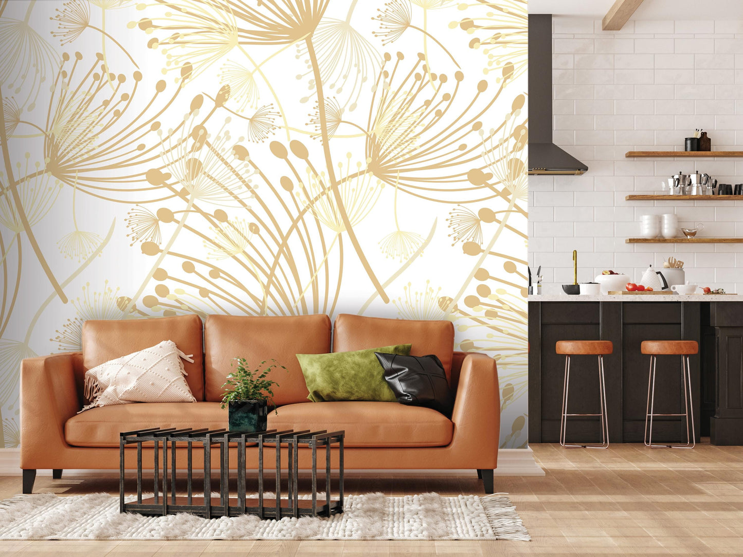 a modern living room with a large wall mural depicting a dandelion design in gold and white. The room includes a brown leather sofa, a black coffee table, and a kitchen area with a countertop and stools.