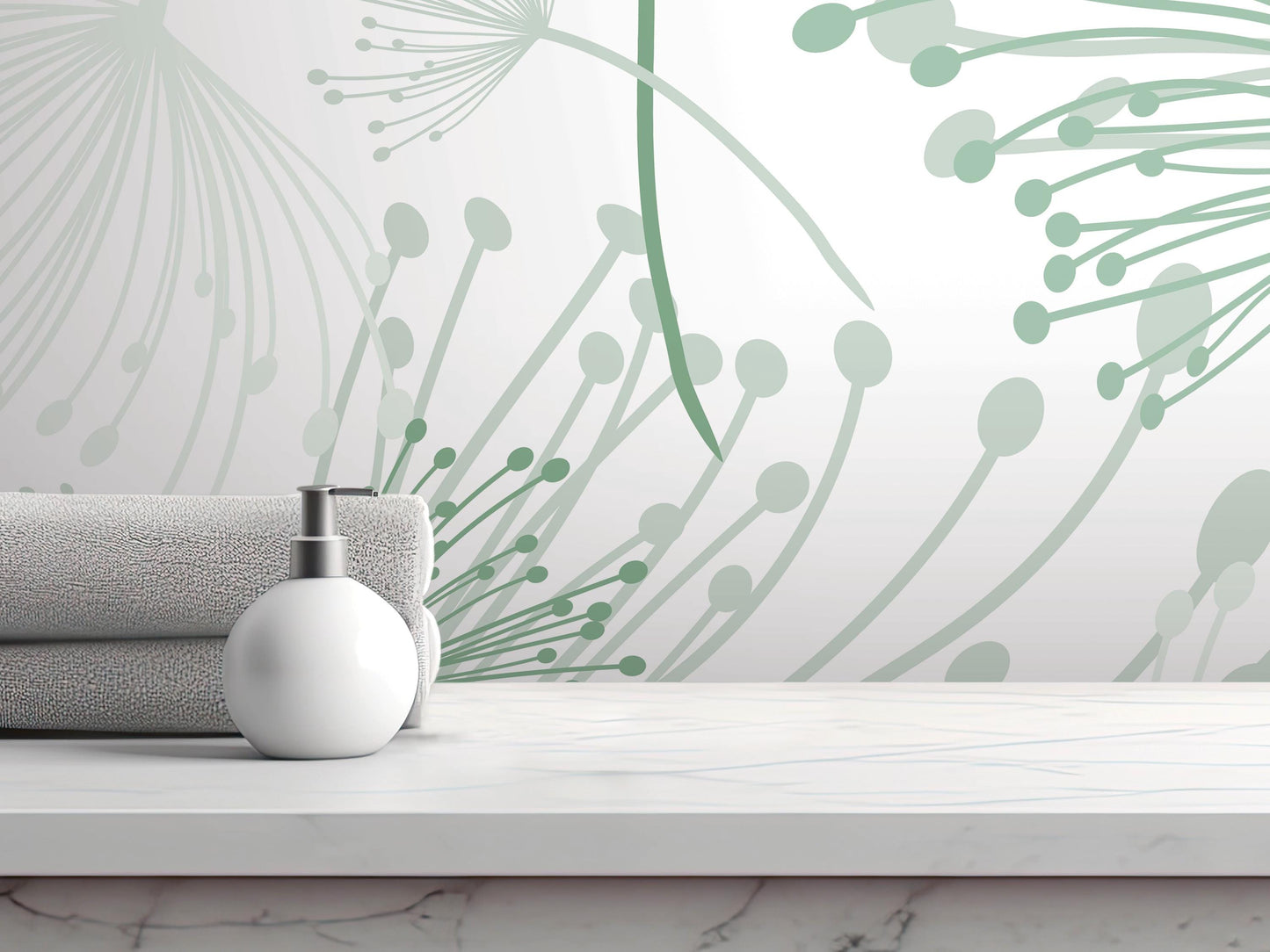 a white soap dispenser on a white countertop, with a gray towel and a green and white floral patterned wall behind it.
