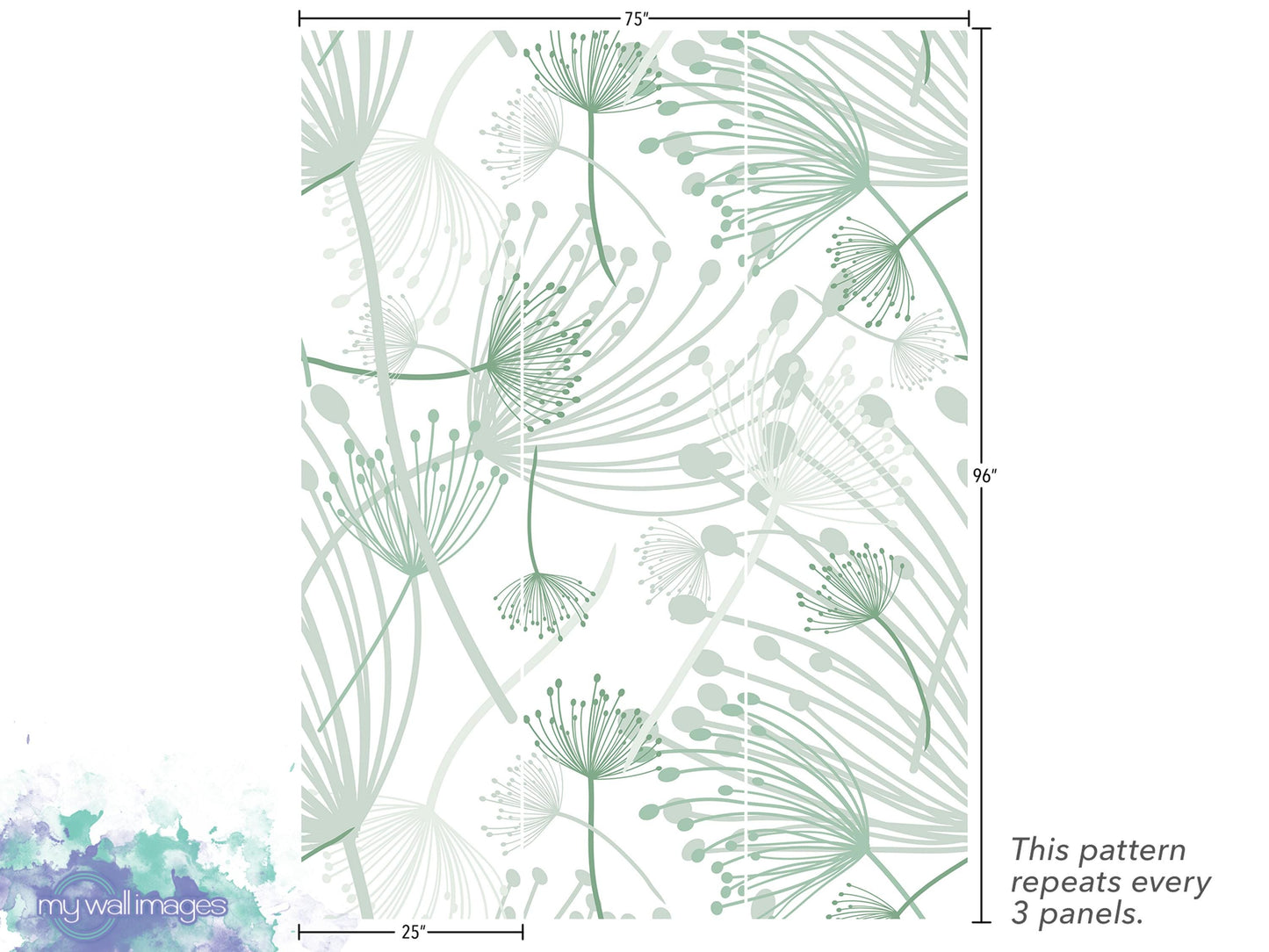 The image is a pattern of green and white flowers or leaves, with the pattern repeating itself across multiple panels. The pattern is designed to be used as a wallpaper or a decorative element in a room.