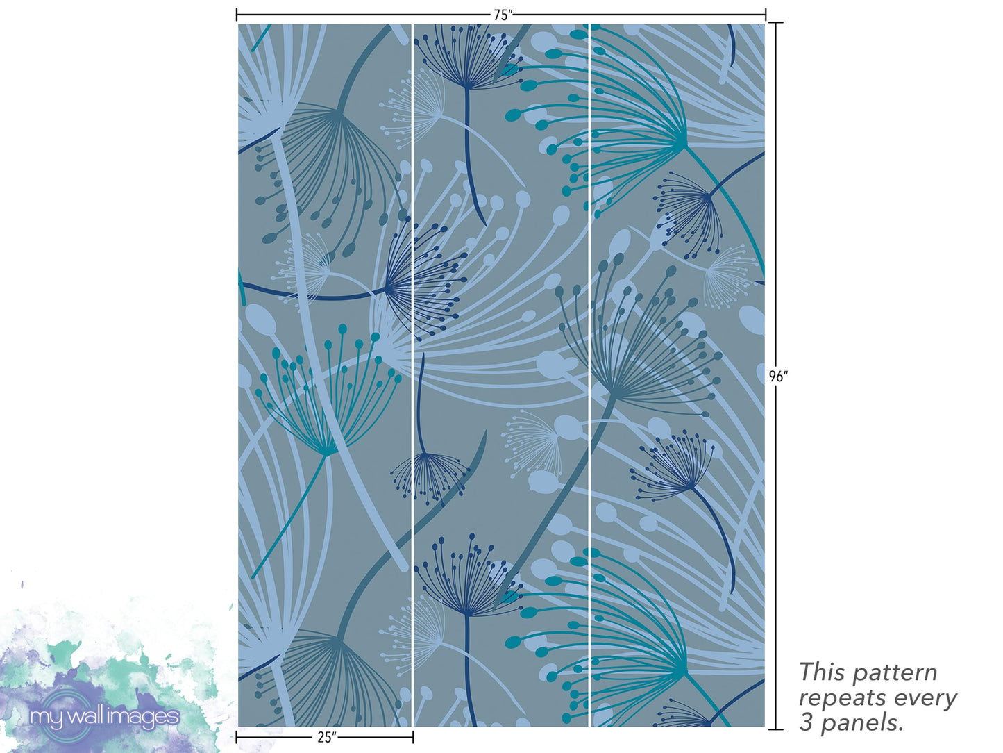 a pattern of blue and white flowers or leaves, with the pattern repeating every 3 panels. The pattern is displayed in a grid format, with dimensions provided.