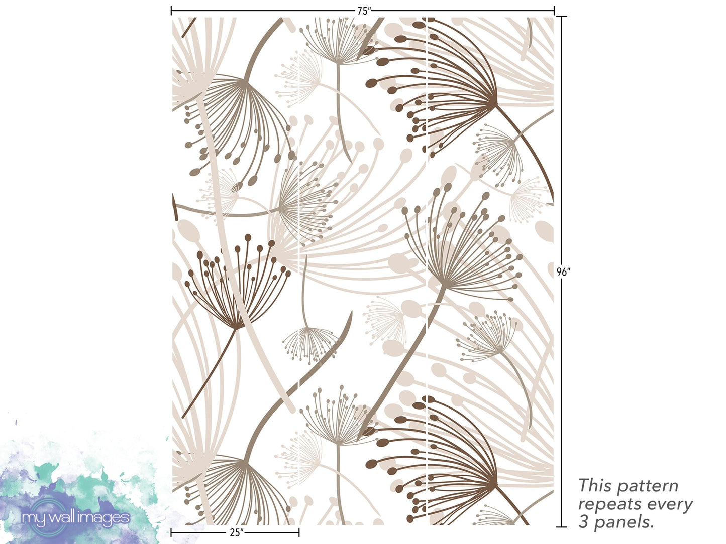 The image is a repeating pattern of stylized flowers or dandelions, with each panel repeating the design multiple times. The pattern is designed to be used as a wallpaper or a textile, and it repeats every 3 panels.