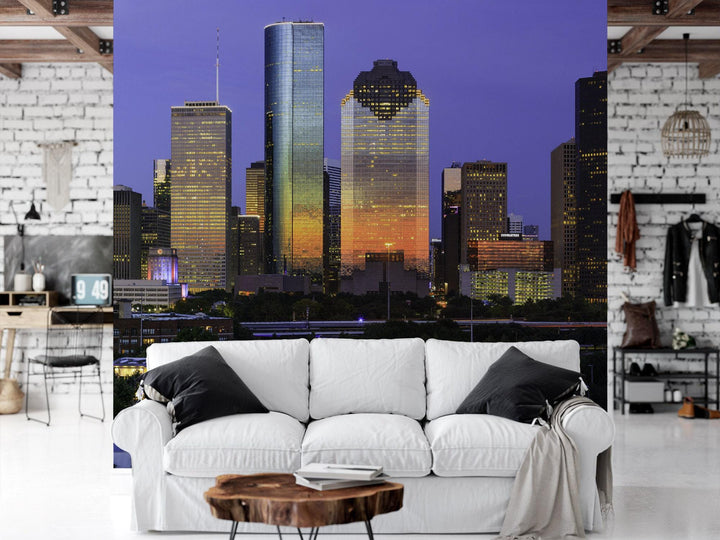 City of Houston Skyline, Houston Cityscape, Houston Sunset, Peel and Stick Wallpaper, Wall Mural, Removable Wallpaper, Accent Wall, MW1186