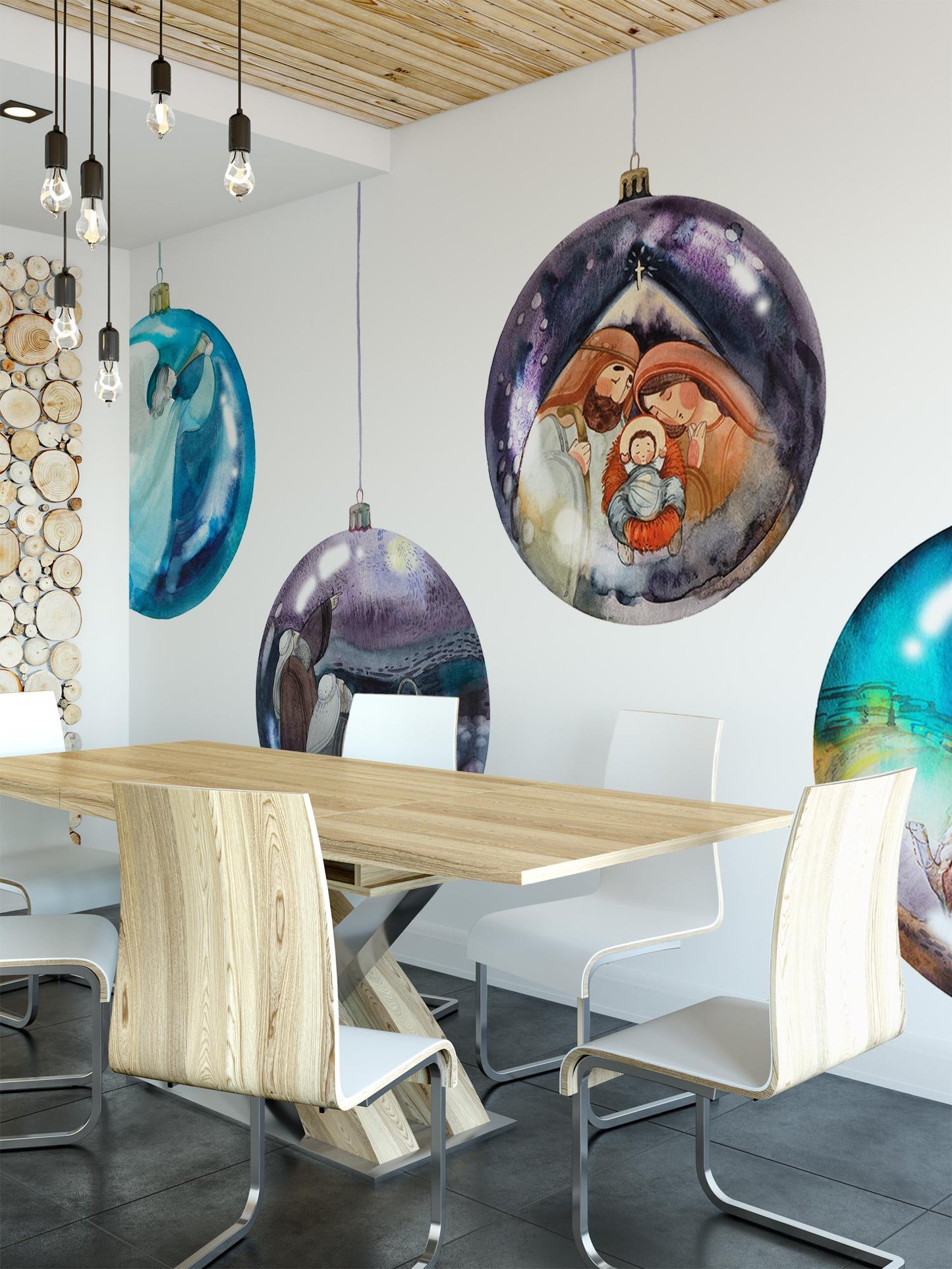 a modern dining room with a wooden table and chairs. The walls are decorated with large, colorful Christmas ornaments hanging above the table.