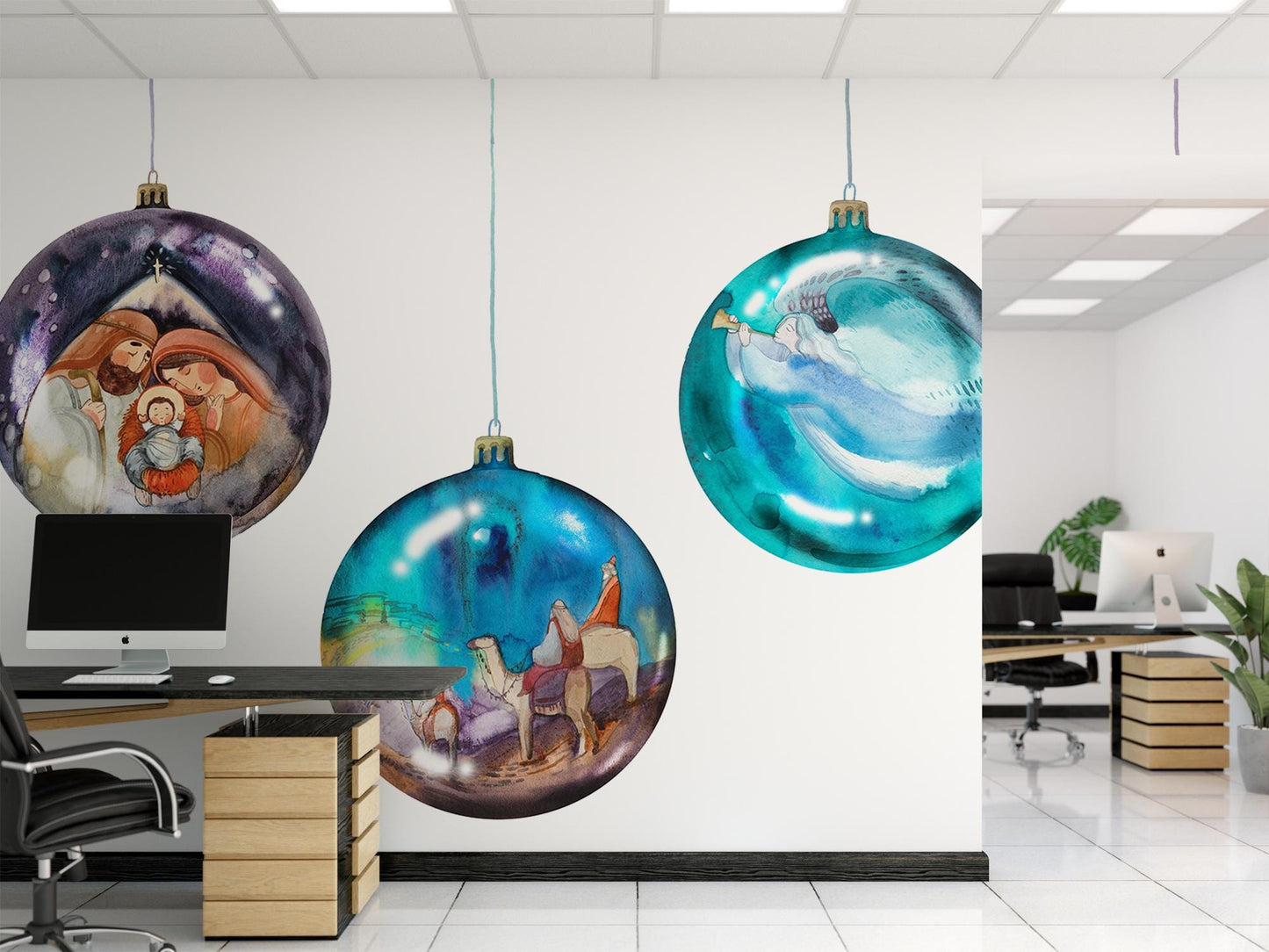 a modern office space with a large, colorful ornament hanging from the ceiling. The ornament is composed of three distinct spherical elements, each depicting a different scene. The office space includes a desk with a computer monitor, a chair, and a potted plant, creating a professional and comfortable work environment.