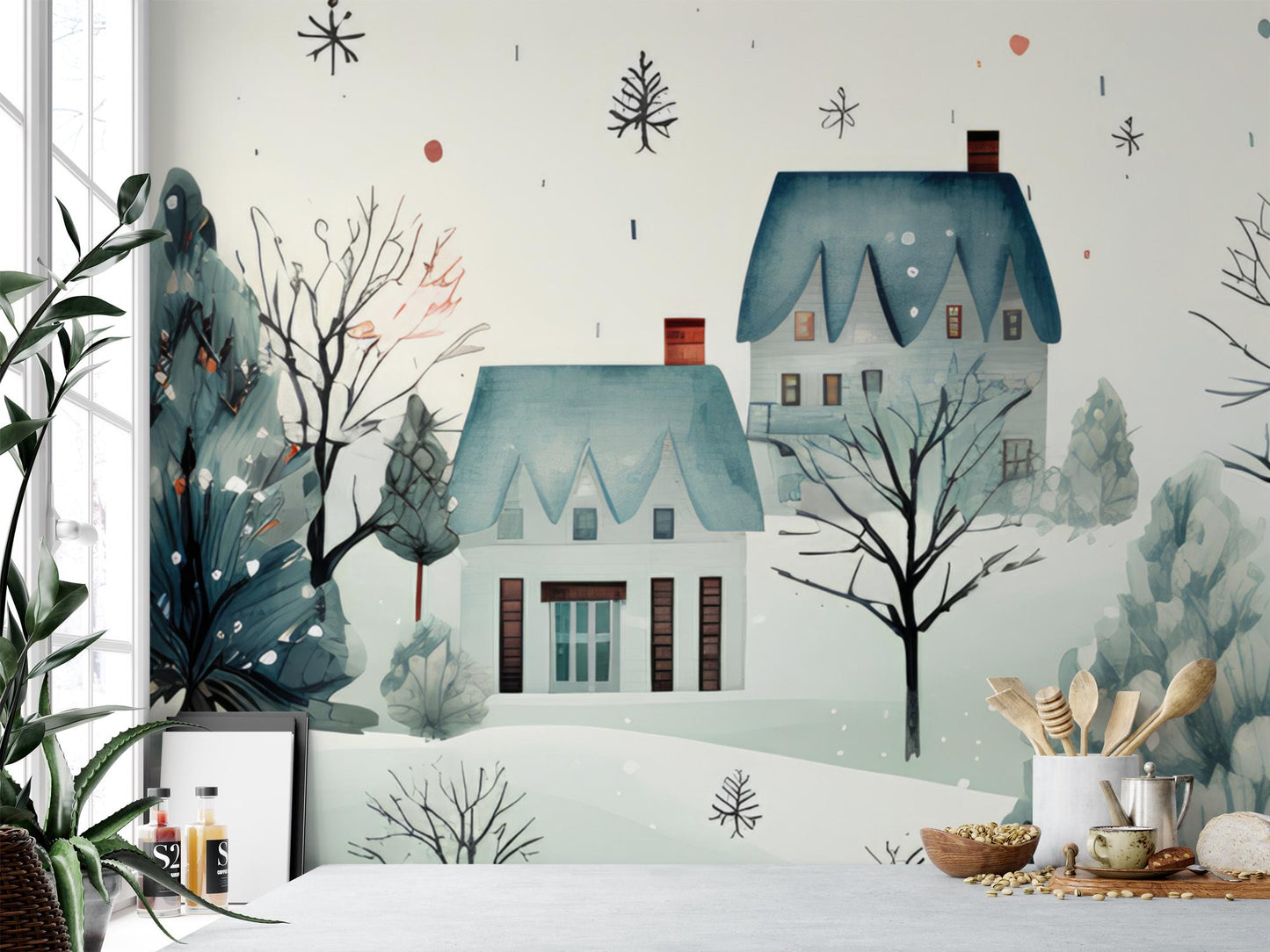 a winter scene with two houses, trees, and snowflakes. The houses have blue roofs and are surrounded by snow-covered trees. The scene is set against a snowy landscape, and there are various objects in the foreground, such as a bowl, a spoon, and a cup.