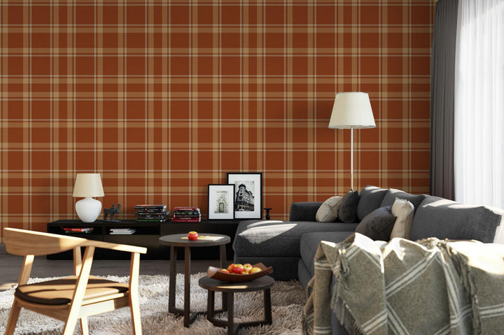 Orange and Gold Tartan Plaid, Removable Wallpaper, Wall Art, Peel and Stick Wallpaper, Mural, Fall Wallpaper, Harvest Accent Wall, MW1923