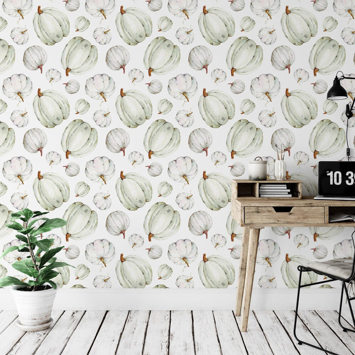 Pumpkins, Harvest, Fall Removable Wallpaper, Wall Art, Peel and Stick Wallpaper, Mural, Fall Wallpaper, Accent Wall, Pumpkin White, MW1910
