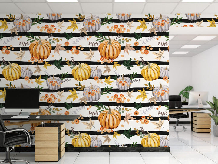Pumpkins and Flowers on Stripes Temporary Removable Wallpaper, Peel and Stick Wallpaper, Mural, Fall Wallpaper, Accent Wall, MW1913