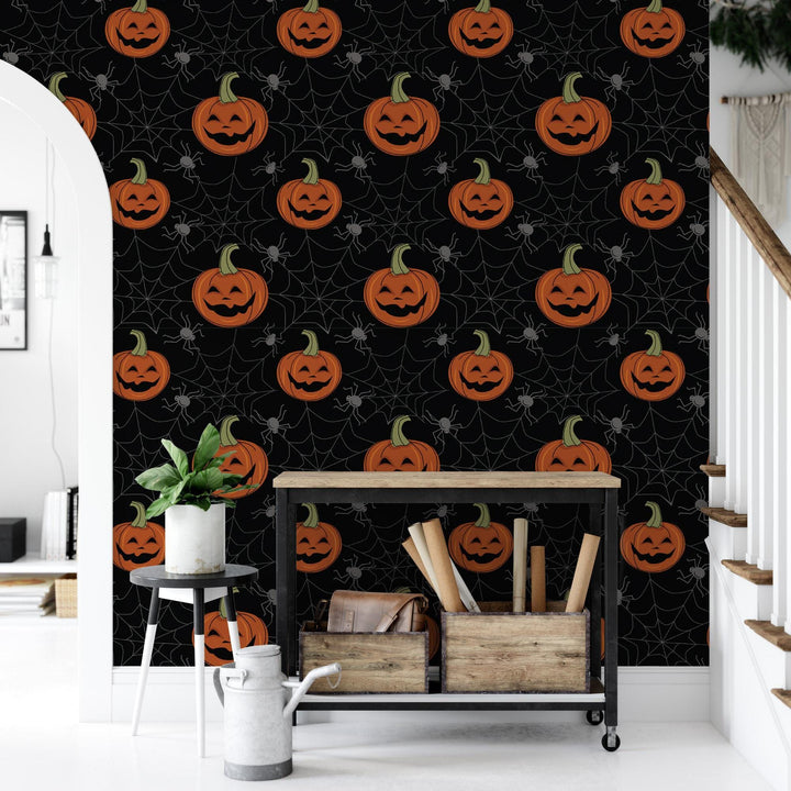 Pumpkins Spiderwebs Mural - Halloween Mural - Removable Peel and Stick Wallpaper - Halloween Decor - Halloween Art - MW1926