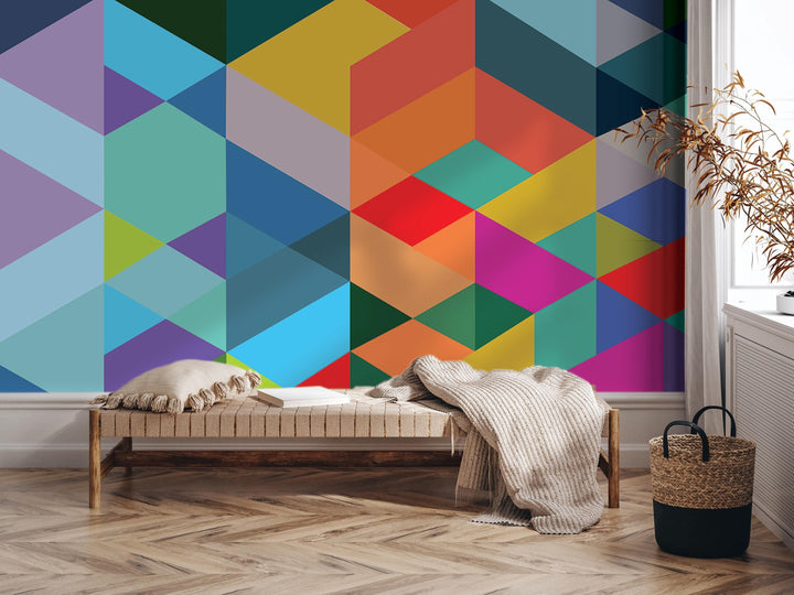 a vibrant, colorful geometric pattern on the wall behind a wooden bench, creating a visually striking and modern interior design.