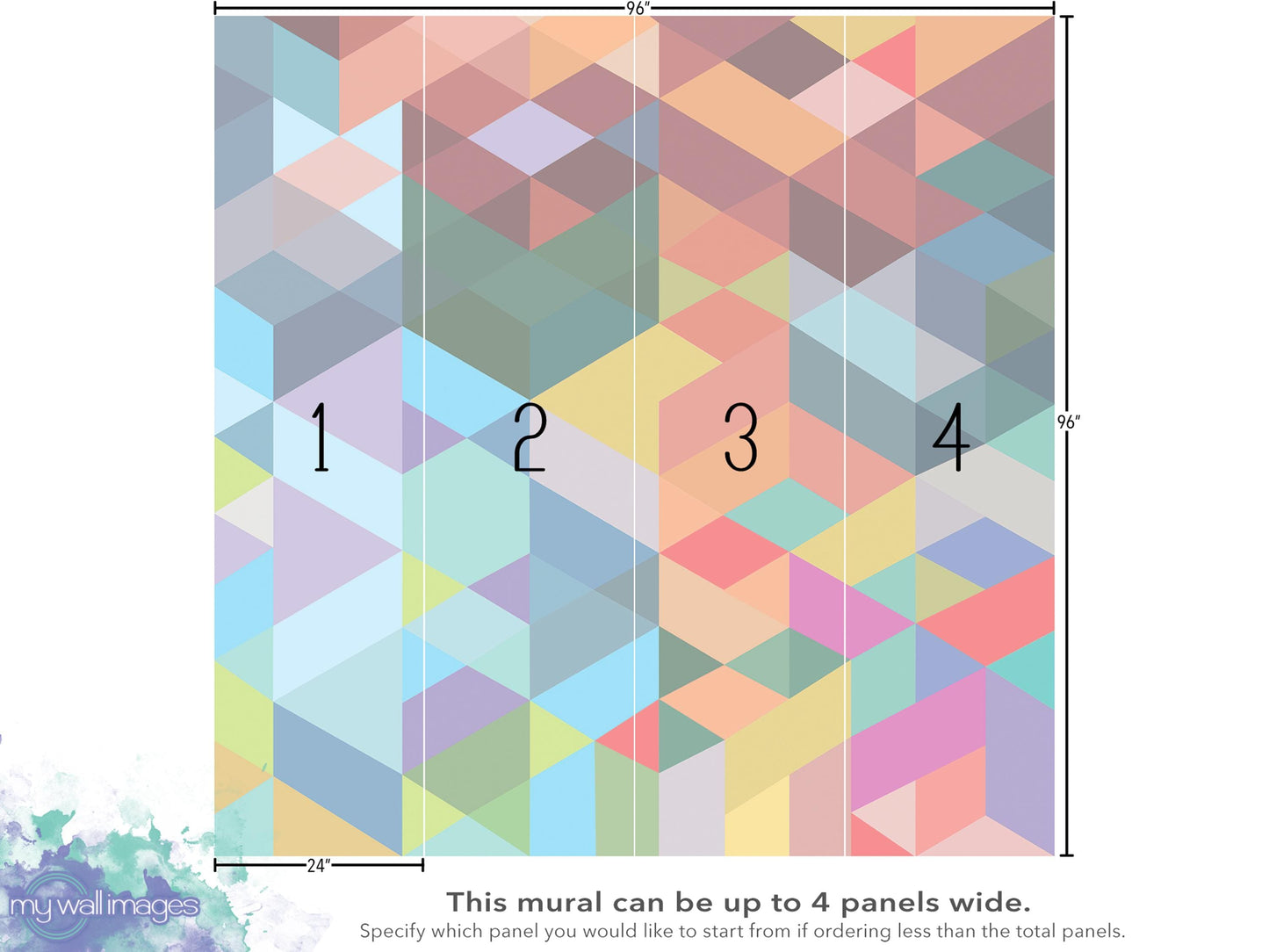 The image is a colorful geometric pattern with a grid-like arrangement of triangles in various shades of pink, orange, yellow, green, blue, and purple. The image is described as a mural that can be up to 4 panels wide, and it can be up to 4 panels wide. The image is a collage of multiple images, and it is not described as a single image or a series of images. The image does not include any text or specific details about the content or purpose of the mural.