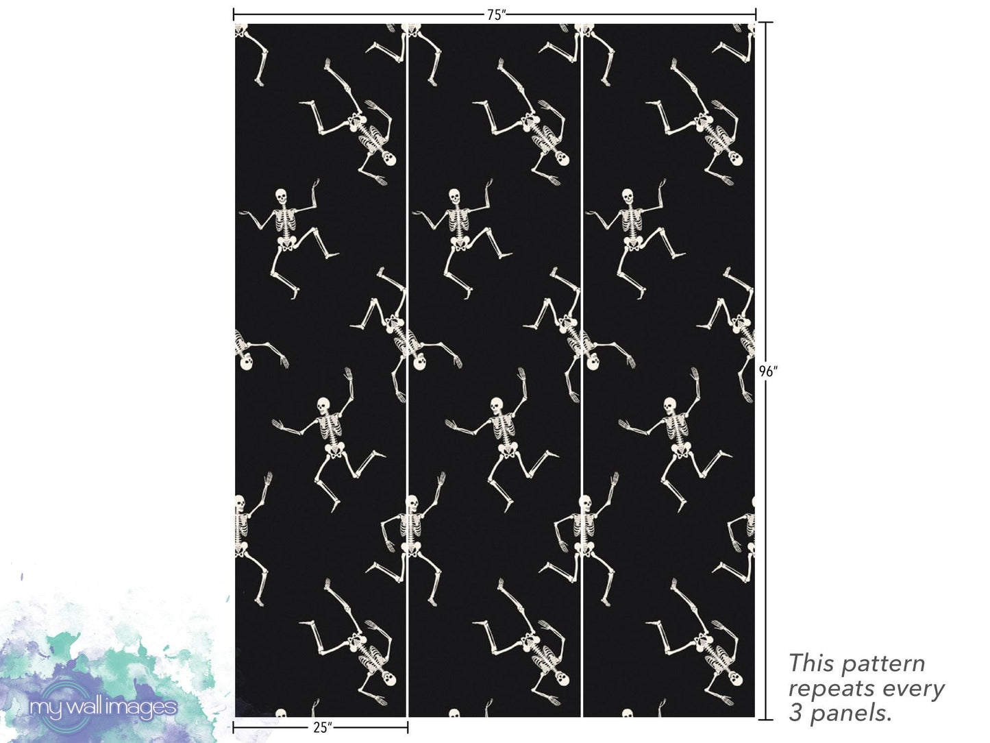 Dancing Skeletons on Black Mural - Halloween Mural - Removable Peel and Stick Wallpaper - Halloween Decor - Halloween Art - MW1911