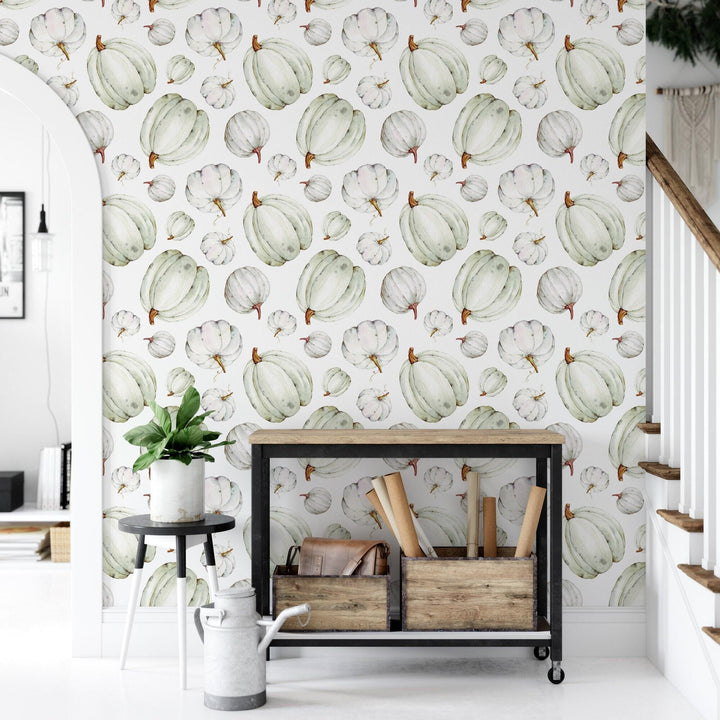 Pumpkins, Harvest, Fall Removable Wallpaper, Wall Art, Peel and Stick Wallpaper, Mural, Fall Wallpaper, Accent Wall, Pumpkin White, MW1910