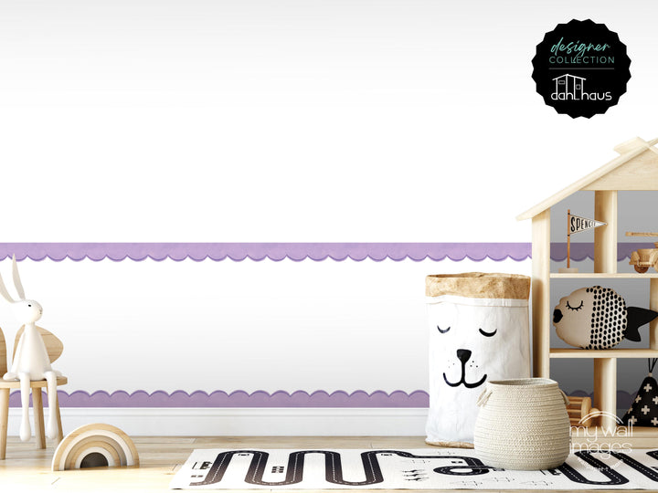 A child&#39;s bedroom with a wooden shelf, a toy rabbit, a toy fish, and a toy car. The room has a purple and white color scheme, and the walls are decorated with a purple border.