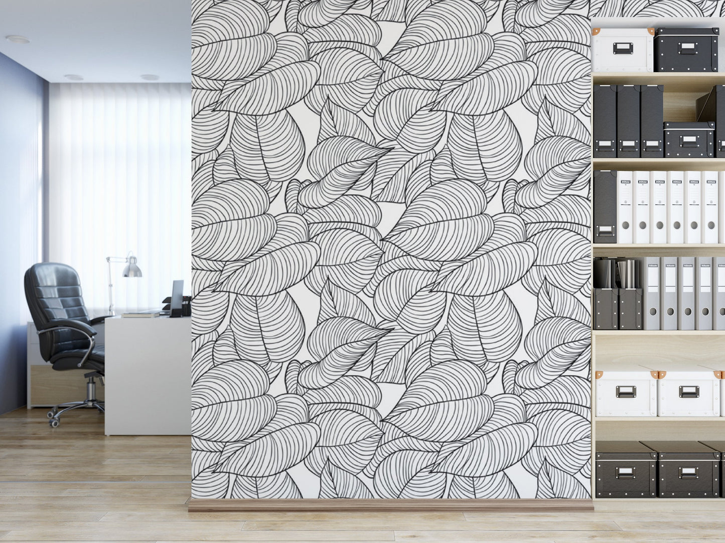 Black and White Ink Line Leaves on White Removable Wallpaper, Wall Art, Peel and Stick Wallpaper, Mural Room Decor, Accent, MW1351