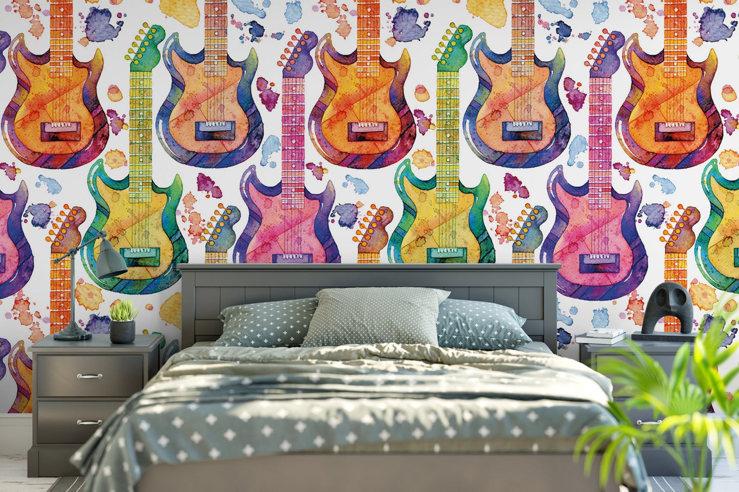 Watercolor Electric Guitar Music, Removable Wallpaper, Wall Art, Peel and Stick Wallpaper, Rock and Roll, Room Decor, Music Studio, MW1342