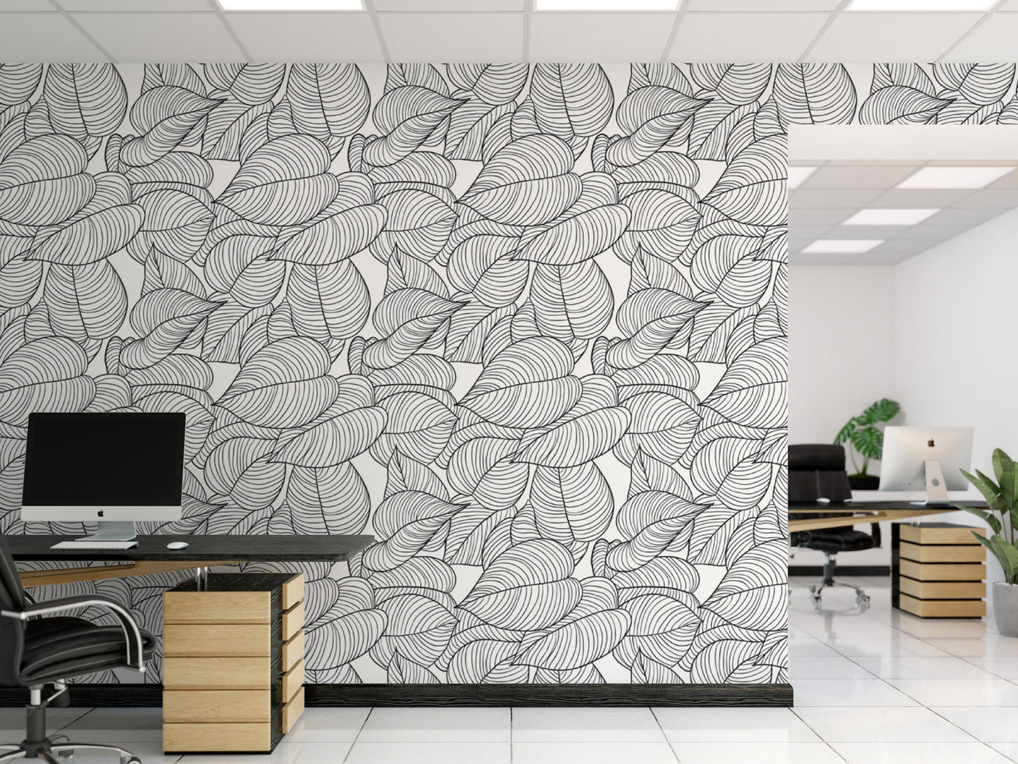 Black and White Ink Line Leaves on White Removable Wallpaper, Wall Art, Peel and Stick Wallpaper, Mural Room Decor, Accent, MW1351