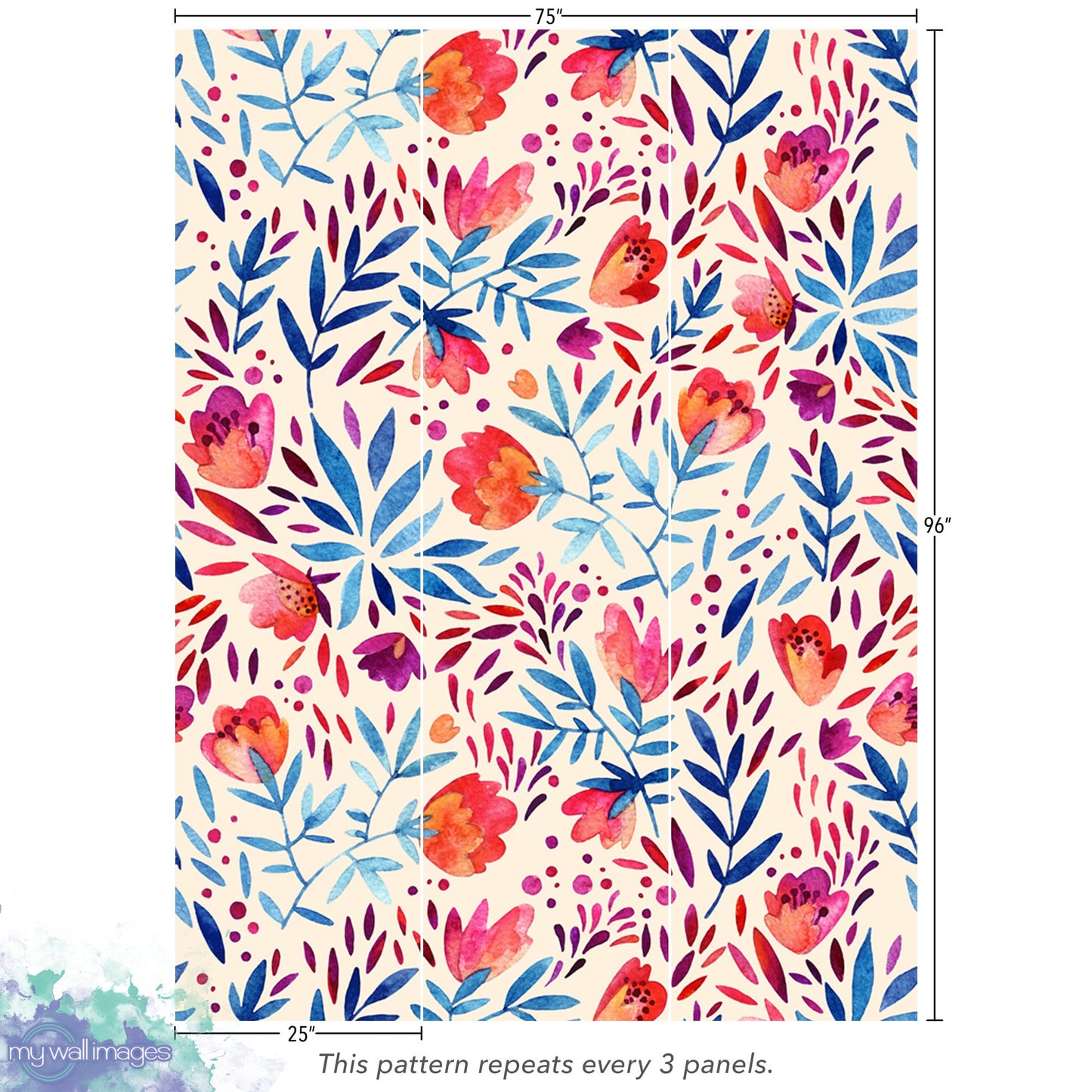 Watercolor Cute Ornate Flowers Removable Wallpaper, Wall Art, Peel and Stick Wallpaper, Mural, Nursery, Room Decor, Accent, MW1011