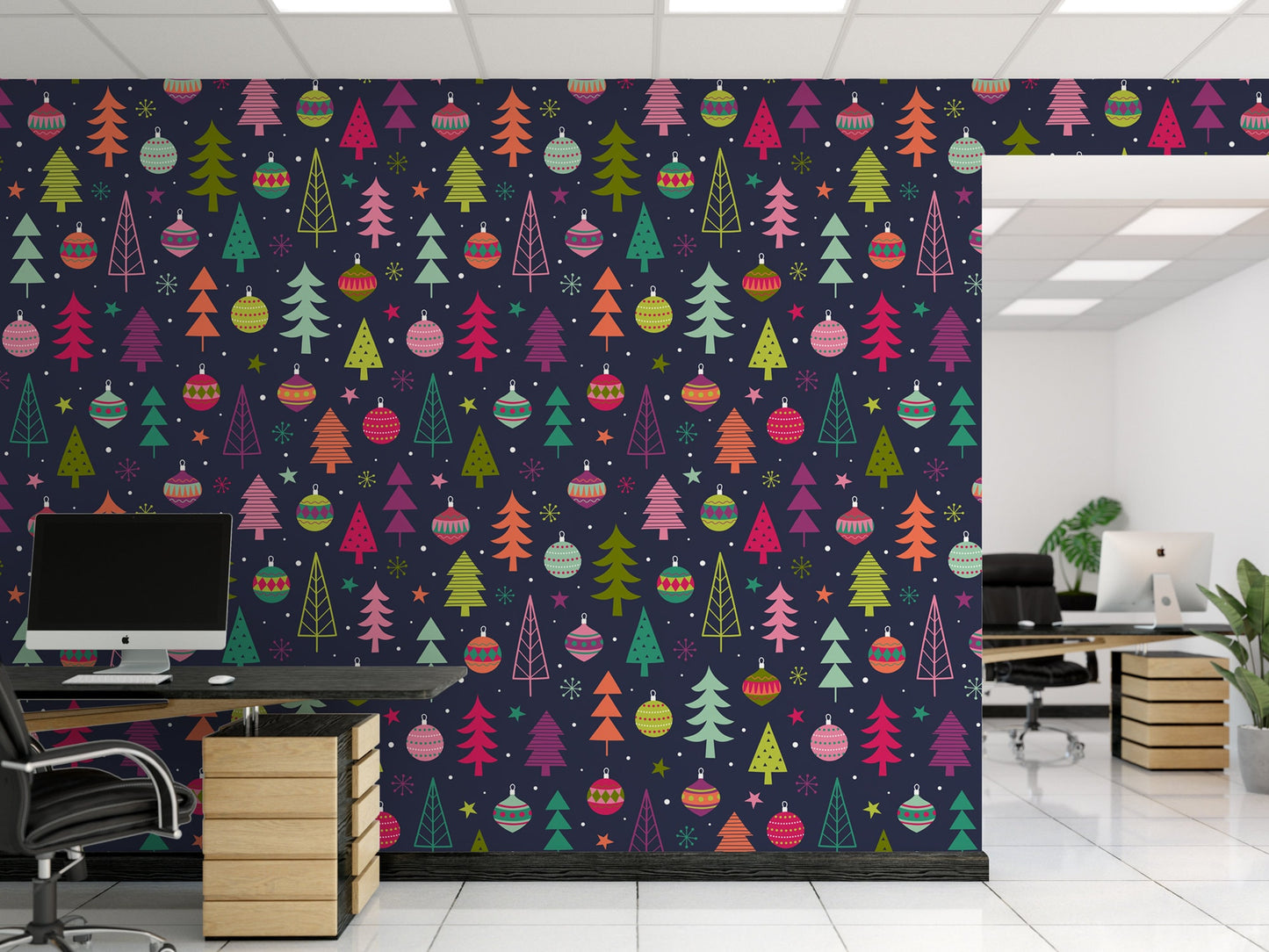 Colorful Christmas Trees, Folk Holiday, Removable Wallpaper, Wall Art, Peel and Stick Wallpaper, Christmas Mural, Accent Wall, MW1174