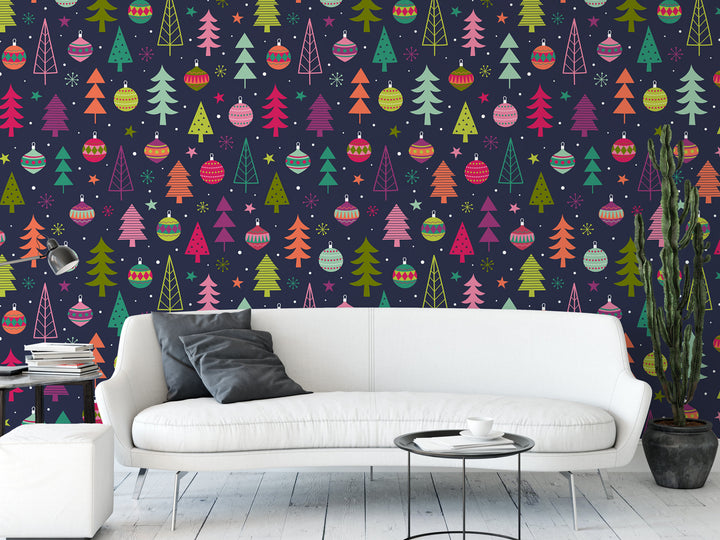 Colorful Christmas Trees, Folk Holiday, Removable Wallpaper, Wall Art, Peel and Stick Wallpaper, Christmas Mural, Accent Wall, MW1174